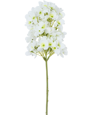 Artificiell Blomma Snowball Real Touch White 58 cm har en enda stjälk med klasar av små vita blommor och ljusgröna hjärtan, mot en vanlig vit bakgrund.