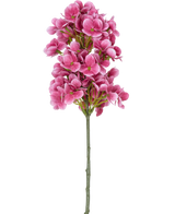 En enda stjälk av den konstgjorda blomman Snowball Real Touch Pink 58 cm, med klasar av ljust rosa konstgjorda hortensialiknande blommor med ett grönt hjärta, isolerade på en vit bakgrund.