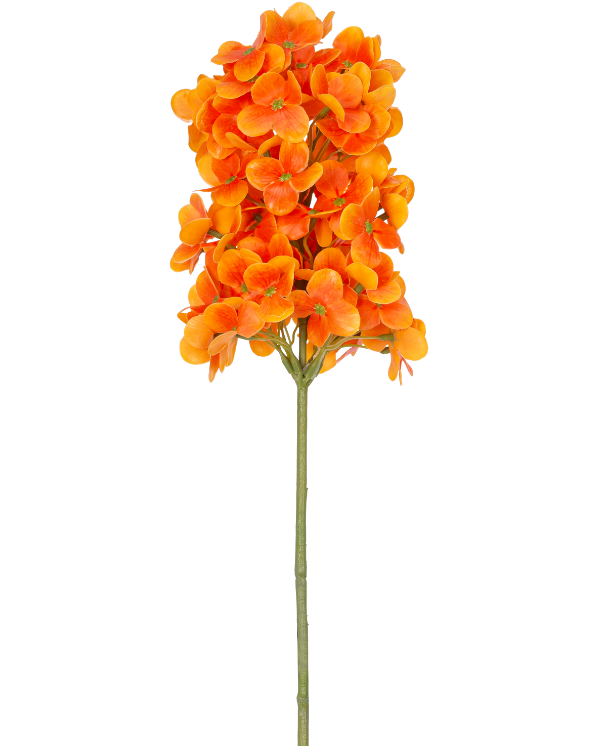En enda artificiell blomsnöboll Real Touch Orange, 58 cm hög, har ljusa orange blommor i klungor på en grön stjälk, mot en vanlig vit bakgrund.