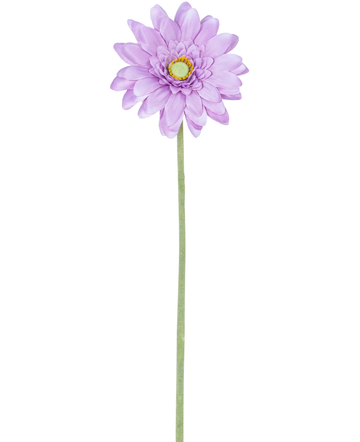 Artificiell blomma mini Gerbera 47 cm lila har en enda ljuslila prästkrage-liknande blomma med skiktade kronblad och en gul mitt på en lång, smal grön stjälk, perfekt att visa mot en vit bakgrund.