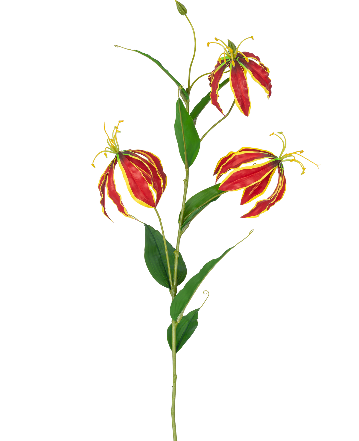 Den konstgjorda blomman Gloriosa Real Touch Red 75 cm har en enda stjälk med tre livfulla röda och gula liljablommor och långa gröna blad, mot en vit bakgrund.