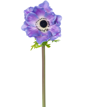 Artificiell blommanemon Deluxe 43 cm lila har en enda lila anemon med ett mörkt hjärta och fina kronblad på en lång grön stjälk, avbildad isolerad mot en vit bakgrund.
