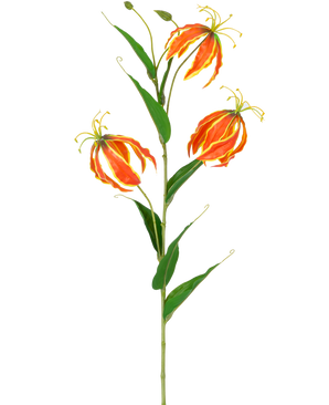 Den konstgjorda blomman Gloriosa Real Touch Orange 75 cm har en hög grön stjälk med tre stora orange och gula liljor och långa, smala gröna blad, vackert utställda på en vit bakgrund.