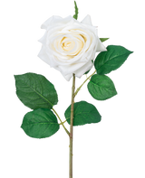 Artificiell ros "Emine" Real Touch White 43cm har en enda vit ros med skiktade kronblad och gröna blad på en lång stjälk, mot en vanlig vit bakgrund.