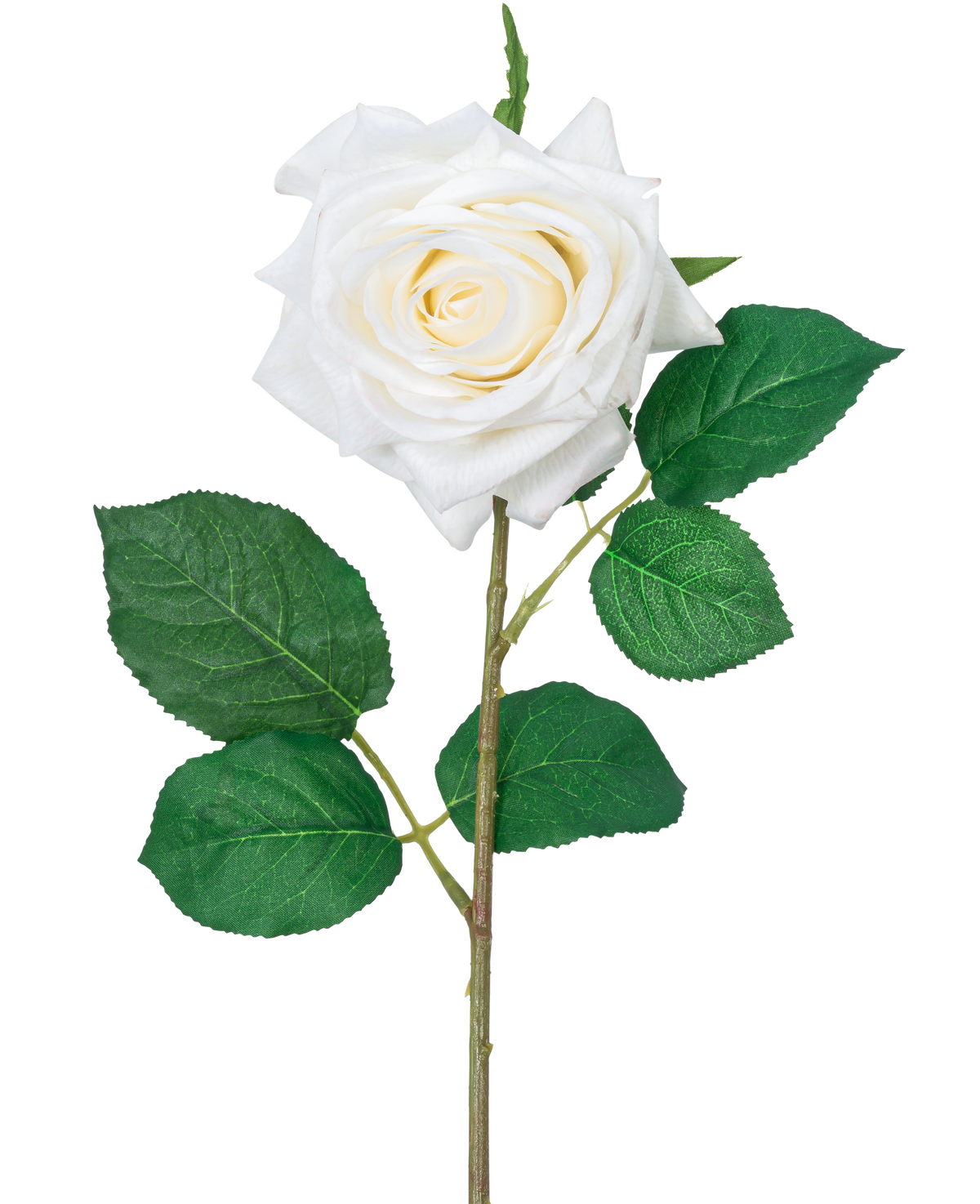 Artificiell ros "Emine" Real Touch White 43cm har en enda vit ros med skiktade kronblad och gröna blad på en lång stjälk, mot en vanlig vit bakgrund.