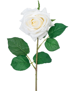 Artificiell ros "Emine" Real Touch White 43cm har en enda vit ros med skiktade kronblad och gröna blad på en lång stjälk, mot en vanlig vit bakgrund.