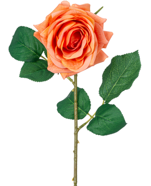 Artificiell blomma Crystal Touch fuktgivande ros har en Real Touch orange blomma med gröna blad och en 43 cm lång stjälk, mot en vanlig vit bakgrund.