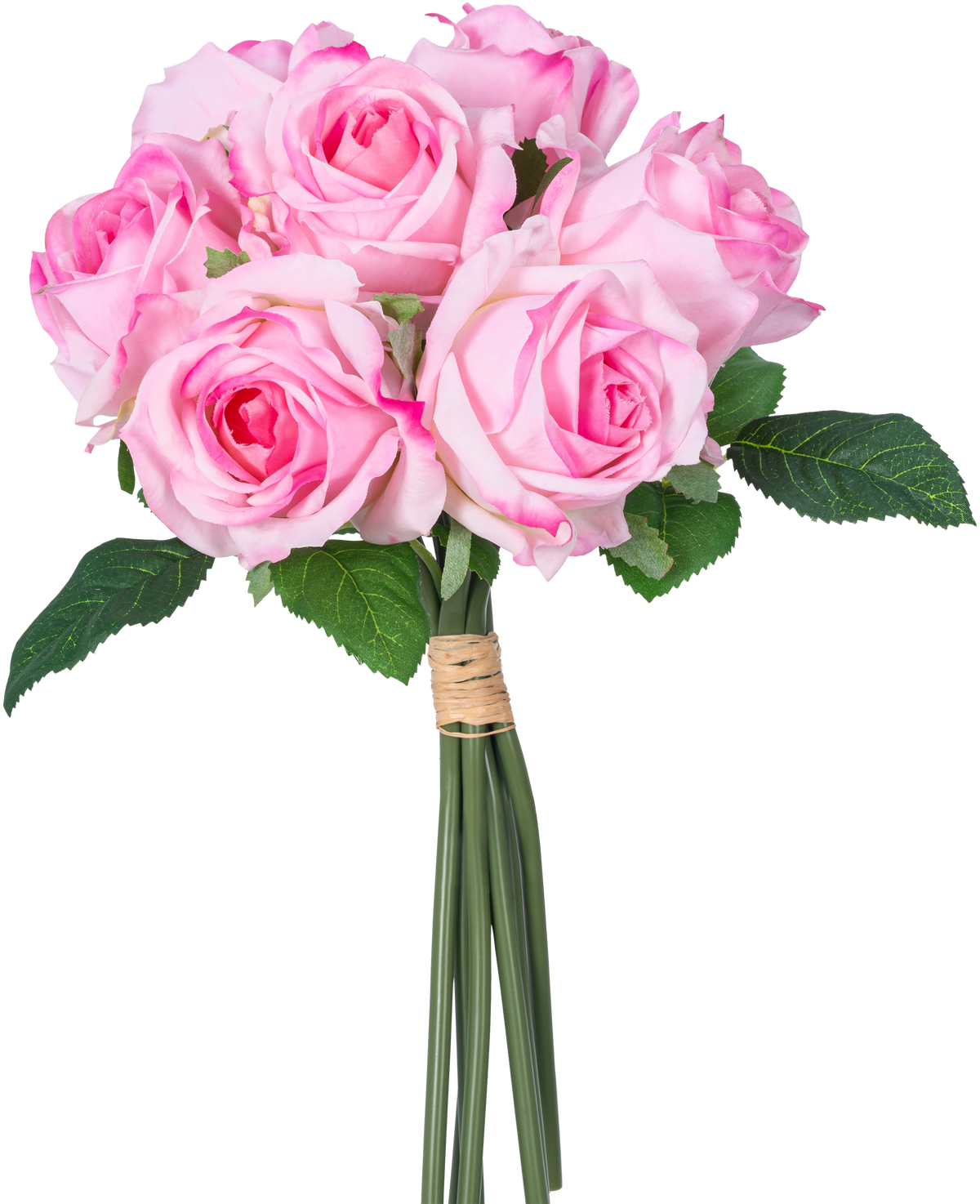 En konstgjord rosbukett med 7 stycken Real Touch rosa rosor (30 cm) med gröna blad, sammanbundna med garn och fotograferade mot en vit bakgrund.