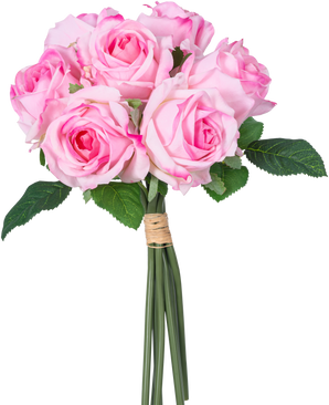 En konstgjord rosbukett med 7 stycken Real Touch rosa rosor (30 cm) med gröna blad, sammanbundna med garn och fotograferade mot en vit bakgrund.