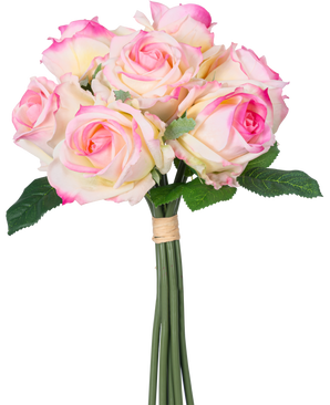 Den konstgjorda rosenbuketten 7 rosor Real Touch Cream/Pink 30 cm har sju krämfärgade och rosa konstgjorda rosor med gröna blad och långa stjälkar, knutna med ett brunt band och avbildade mot en vit bakgrund.