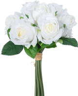 Den konstgjorda rosenbuketten 7 rosor Real Touch White 30 cm har en bukett vita konstgjorda rosor med gröna blad, stjälkarna bundna av ett brunt gummiband, avbildat mot en vanlig vit bakgrund.
