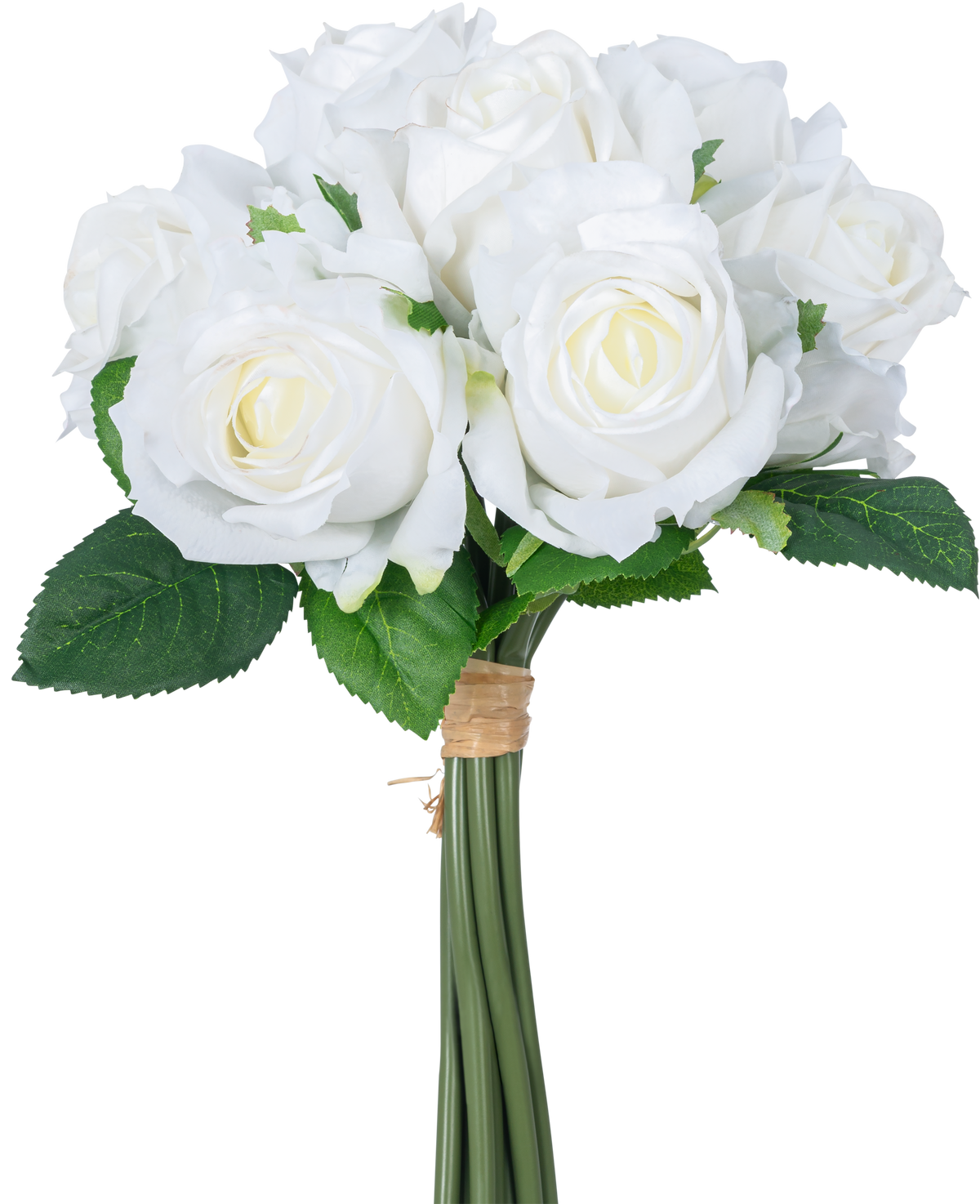 Den konstgjorda rosenbuketten 7 rosor Real Touch White 30 cm har en bukett vita konstgjorda rosor med gröna blad, stjälkarna bundna av ett brunt gummiband, avbildat mot en vanlig vit bakgrund.
