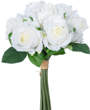 Den konstgjorda rosenbuketten 7 rosor Real Touch White 30 cm har en bukett vita konstgjorda rosor med gröna blad, stjälkarna bundna av ett brunt gummiband, avbildat mot en vanlig vit bakgrund.