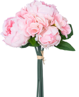 The Artificial Bouquet Mix Flowers Real Touch Pink 30 cm har ljusrosa konstgjorda pioner och hortensia med gröna blad, sammanbundna med brunt rep, mot en vanlig vit bakgrund.