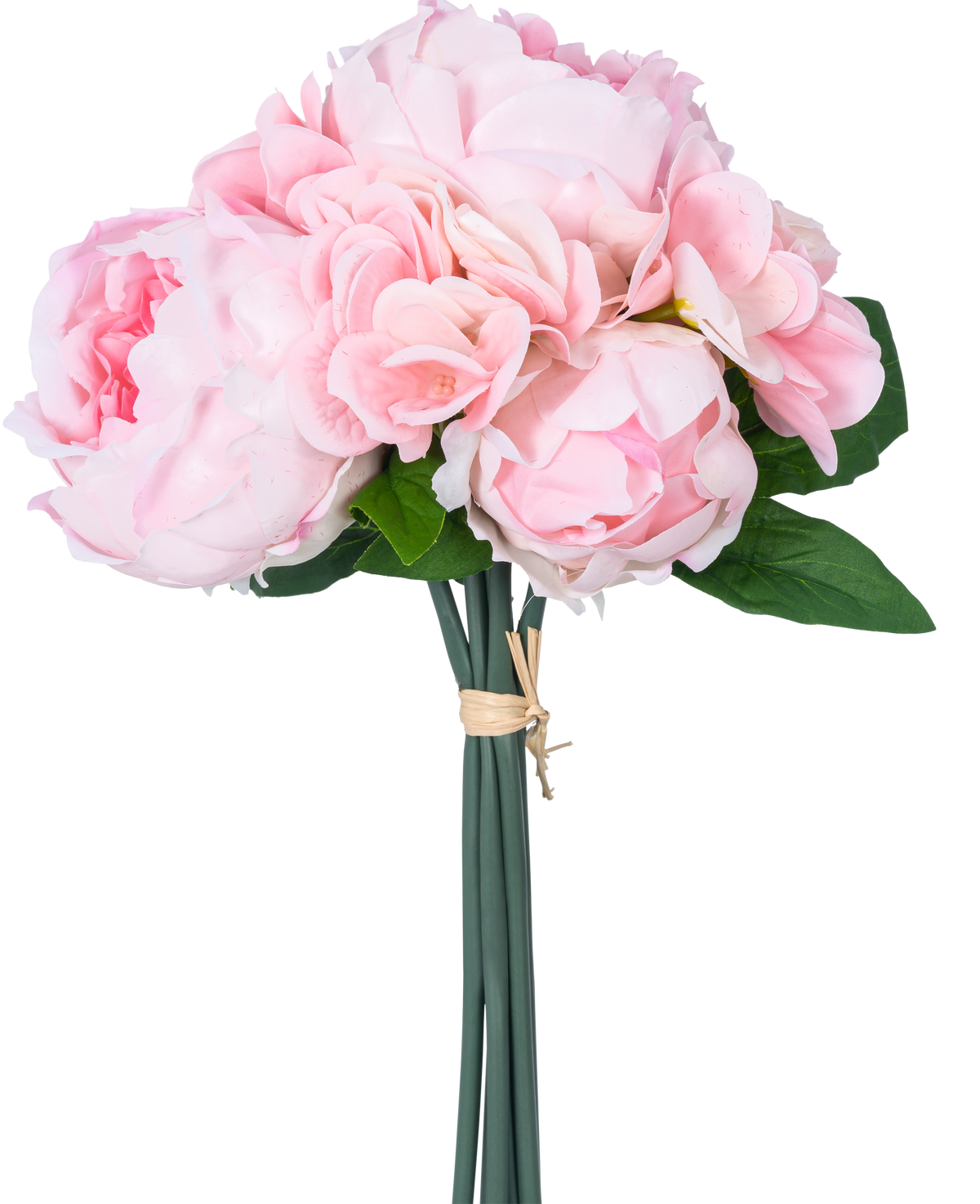 The Artificial Bouquet Mix Flowers Real Touch Pink 30 cm har ljusrosa konstgjorda pioner och hortensia med gröna blad, sammanbundna med brunt rep, mot en vanlig vit bakgrund.
