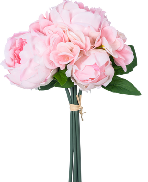 The Artificial Bouquet Mix Flowers Real Touch Pink 30 cm har ljusrosa konstgjorda pioner och hortensia med gröna blad, sammanbundna med brunt rep, mot en vanlig vit bakgrund.