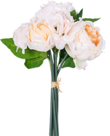 En konstgjord bukettmix blommor Real Touch Champagne 30 cm har verklighetstrogna rosa och persikofärgade konstgjorda blommor med gröna blad och lotusknoppar, knutna med rep mot en vit bakgrund.