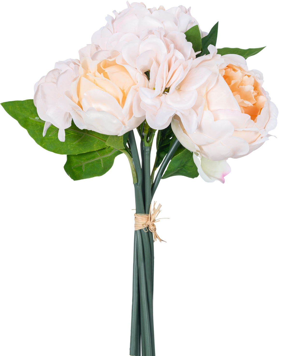 En konstgjord bukettmix blommor Real Touch Champagne 30 cm har verklighetstrogna rosa och persikofärgade konstgjorda blommor med gröna blad och lotusknoppar, knutna med rep mot en vit bakgrund.