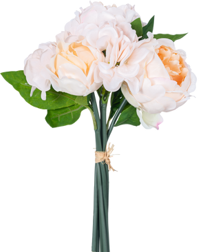 En konstgjord bukettmix blommor Real Touch Champagne 30 cm har verklighetstrogna rosa och persikofärgade konstgjorda blommor med gröna blad och lotusknoppar, knutna med rep mot en vit bakgrund.