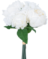 Den konstgjorda bukettblandningen Real Touch White 30 cm har verklighetstrogna vita blommor och gröna blad, elegant insvept med ett band och mot en vanlig vit bakgrund.