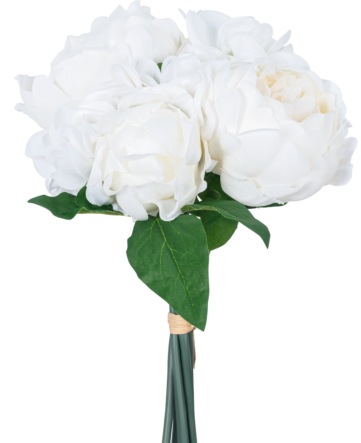 Den konstgjorda bukettblandningen Real Touch White 30 cm har verklighetstrogna vita blommor och gröna blad, elegant insvept med ett band och mot en vanlig vit bakgrund.