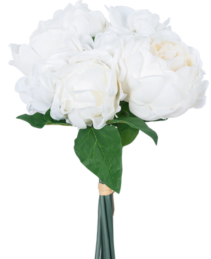 Den konstgjorda bukettblandningen Real Touch White 30 cm har verklighetstrogna vita blommor och gröna blad, elegant insvept med ett band och mot en vanlig vit bakgrund.