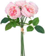 Den konstgjorda rosenbuketten "Carmen" Real Touch Pink 36 cm har ljusrosa pioner med gröna blad, knutna ihop med brunt rep.