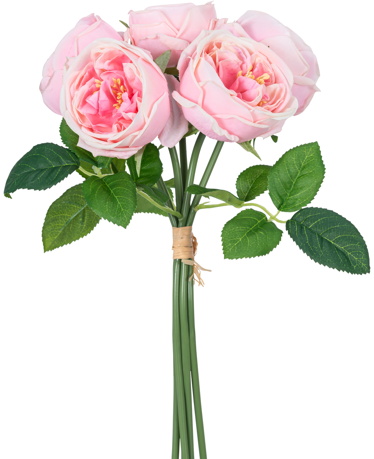Den konstgjorda rosenbuketten "Carmen" Real Touch Pink 36 cm har ljusrosa pioner med gröna blad, knutna ihop med brunt rep.