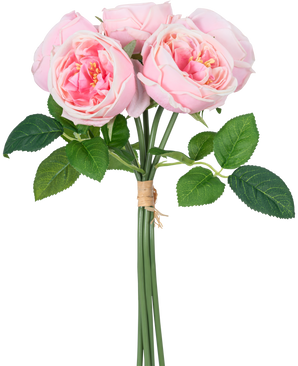 Den konstgjorda rosenbuketten "Carmen" Real Touch Pink 36 cm har ljusrosa pioner med gröna blad, knutna ihop med brunt rep.