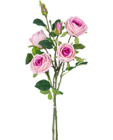 Den konstgjorda rosgrenen dubbel Real Touch rosa 80cm har flera konstgjorda rosa rosor och rosknoppar med gröna blad på en stjälk, mot en vanlig vit bakgrund.