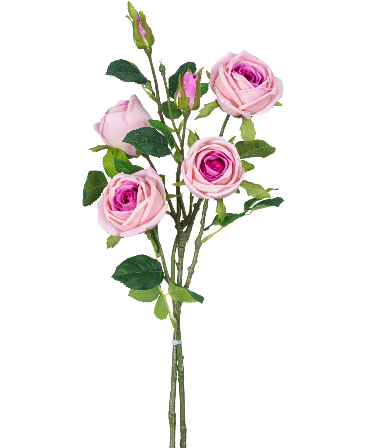 Den konstgjorda rosgrenen dubbel Real Touch rosa 80cm har flera konstgjorda rosa rosor och rosknoppar med gröna blad på en stjälk, mot en vanlig vit bakgrund.