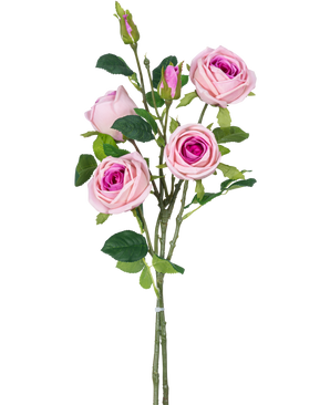 Den konstgjorda rosgrenen dubbel Real Touch rosa 80cm har flera konstgjorda rosa rosor och rosknoppar med gröna blad på en stjälk, mot en vanlig vit bakgrund.
