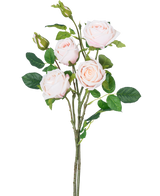 Artificiell rosgren dubbel Real Touch ljusrosa 80cm har en stjälk med tre fullblommande ljusrosa rosor, två rosknoppar och flera gröna blad mot vit bakgrund.