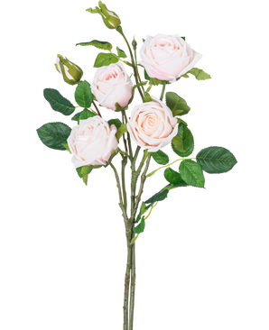 Artificiell rosgren dubbel Real Touch ljusrosa 80cm har en stjälk med tre fullblommande ljusrosa rosor, två rosknoppar och flera gröna blad mot vit bakgrund.