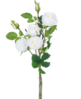 Artificiell rosgren dubbel Real Touch vit 80cm har en stjälk med tre blommande vita konstgjorda rosor, gröna blad och rosknoppar mot en vanlig vit bakgrund.