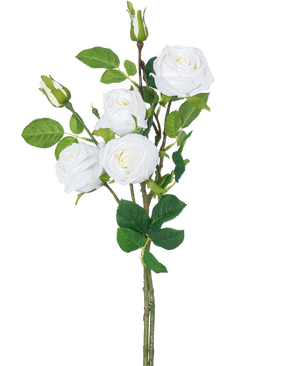 Artificiell rosgren dubbel Real Touch vit 80cm har en stjälk med tre blommande vita konstgjorda rosor, gröna blad och rosknoppar mot en vanlig vit bakgrund.