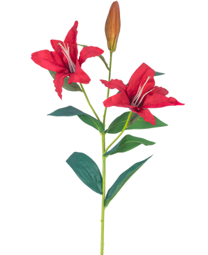 Artificiell Blomma Lily Real Touch röd 95 cm har en stjälk med två öppna röda liljablommor, en sluten knopp och flera gröna blad, allt mot en vit bakgrund.