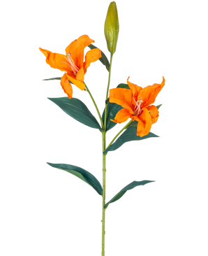 Artificiell Blomma Lily Real Touch orange 95 cm har en enda stjälk med två öppna orange liljor, en sluten knopp i toppen och långa, smala gröna blad, allt mot en vit bakgrund.