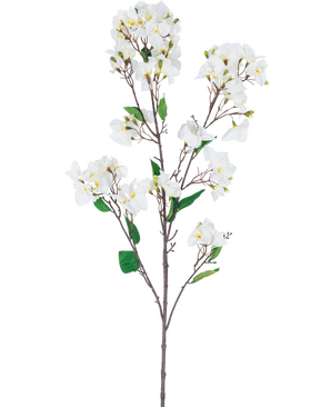 Den konstgjorda blomman Bougainvillea 120 cm vit är en konstgjord blomstjälk med flera bruna grenar, gröna blad och klasar av vita blommor med gula mittpunkter, avbildad mot en vit bakgrund.