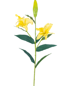 Artificiell blomma Lily Real Touch Yellow 95 cm har en enda stjälk med två öppna gula liljablommor, en sluten knopp i toppen och långa gröna blad, allt mot en vanlig vit bakgrund.