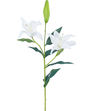 Artificiell blomma Lily Real Touch vit 95 cm har en enda grön stjälk med två öppna vita liljablommor, mörkgröna blad och en sluten knopp, mot en vanlig vit bakgrund.