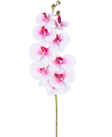 Artificiell Orchid Real Touch Deluxe 105 cm rosa/vit har en enda rosa konstgjord phalaenopsis-stam med vita accenter, realistiska sidenblommor och knoppar, allt elegant utställt på en vit bakgrund.
