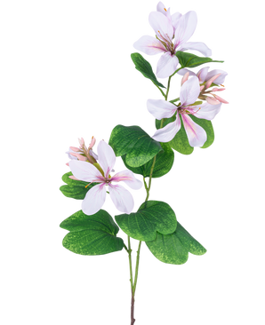 Den konstgjorda blomman Rhododendron 85 cm ljusrosa har en smal grön stjälk med klasar av stora, vita blommor med ljusrosa hjärtan och ådror, accentuerade av breda gröna blad, mot en vit bakgrund.