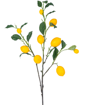 Den konstgjorda citrongrenen 104 cm gul har en gren med flera ljusgula citroner och gröna blad mot en vit bakgrund.