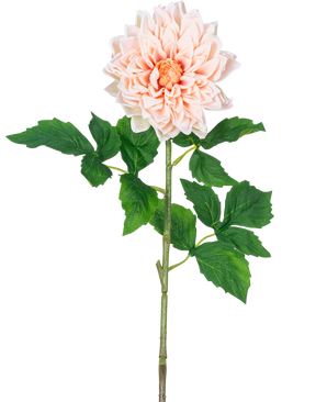 Kunst Georgine Real Touch Ljusrosa 70 cm har en enda ljusrosa dahlia med skiktade kronblad och ett gult hjärta på en lång grön stjälk med flera stora, tandade gröna blad.