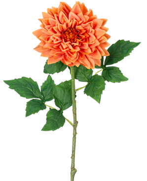 En enda Kunst Georgine Real Touch orange 70 cm stjälk har lager orange dahlia kronblad och gröna blad, mot en vit bakgrund.