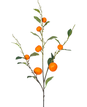 En konstgjord mandaringren 93 cm orange med gröna blad och ett antal mogna, orange mandariner är avbildad mot en vanlig vit bakgrund.