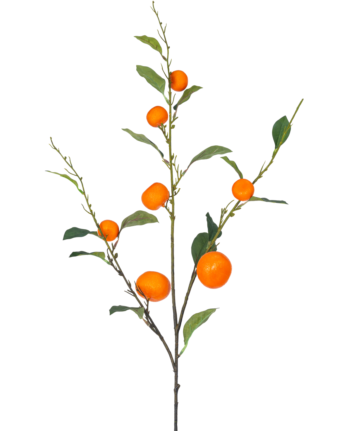 En konstgjord mandaringren 93 cm orange med gröna blad och ett antal mogna, orange mandariner är avbildad mot en vanlig vit bakgrund.