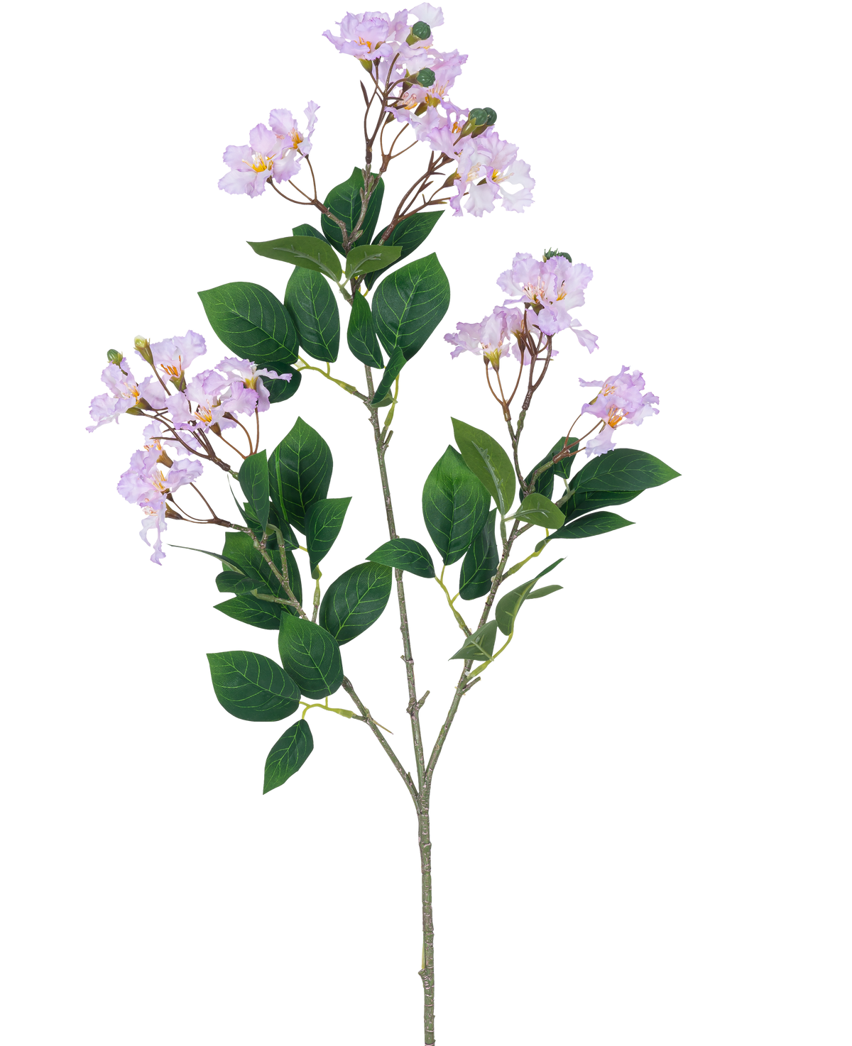 En enda konstgjord blomma Lagerstroemia 92 cm lila med klasar av ljuslila blommor och flera gröna blad, mot en vanlig vit bakgrund.