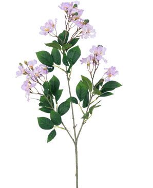En enda konstgjord blomma Lagerstroemia 92 cm lila med klasar av ljuslila blommor och flera gröna blad, mot en vanlig vit bakgrund.